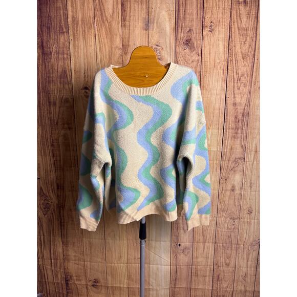 Altar'd State Crewneck Knit Sweater Wavy Cream Blue Women's Size M - Picture 1 of 5